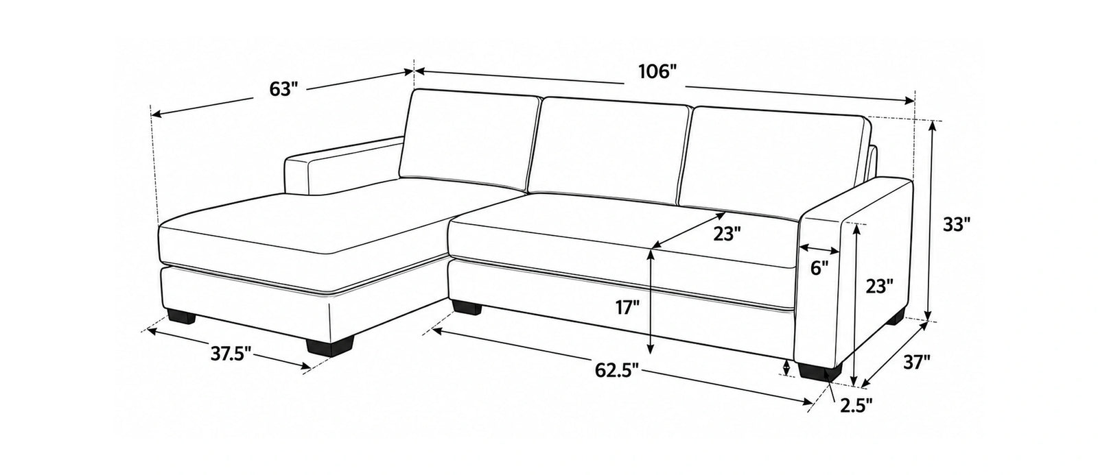 Mesa Sectional with Left Chaise - Fabric dimensions