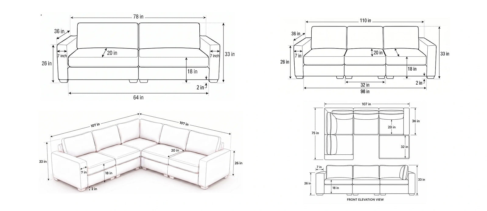Nook (Modular with storage) - Leather dimensions